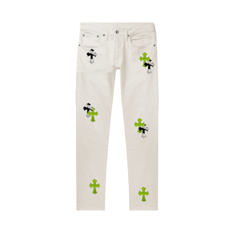 chrome-hearts-white-jeans-with-neon-green-and-zebra-cross-patches-242x550-Photoroom-1.png Chrome Hearts Zebra Green Cross Patch Jeans - Image 1