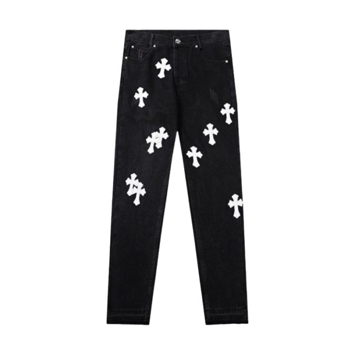 Chrome Hearts Black Cross Stitched Leather Patches Jeans - Image 1