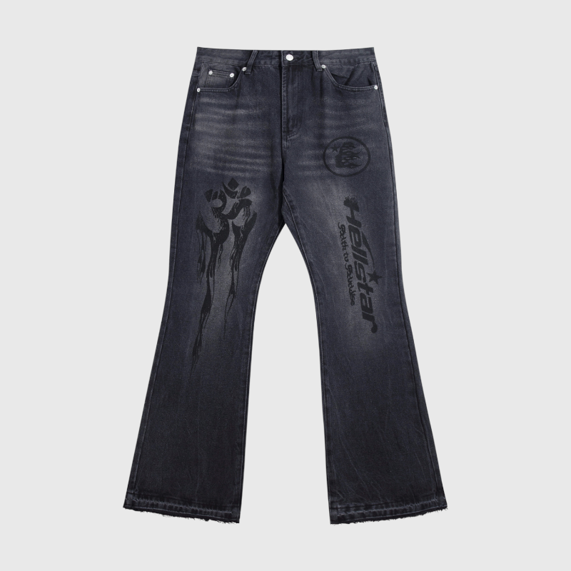 hellstar-black-denim-flare-jeans-front-view.webp Hellstar Black Denim Flare Jeans - Image 1