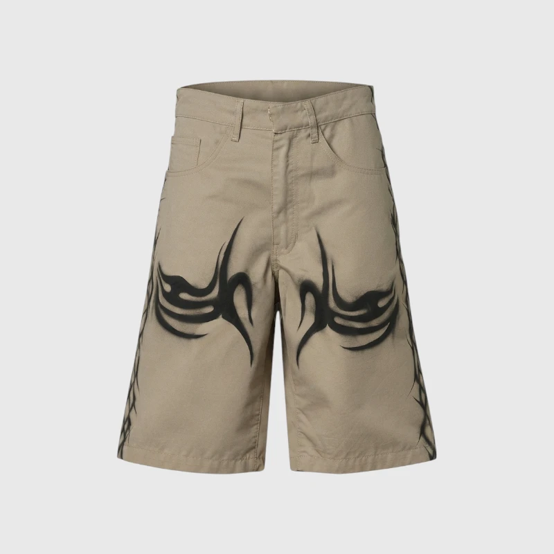 hellstar-khaki-tribal-airbrushed-shorts-front-view.webp Hellstar Khaki Tribal Airbrushed Shorts - Image 1