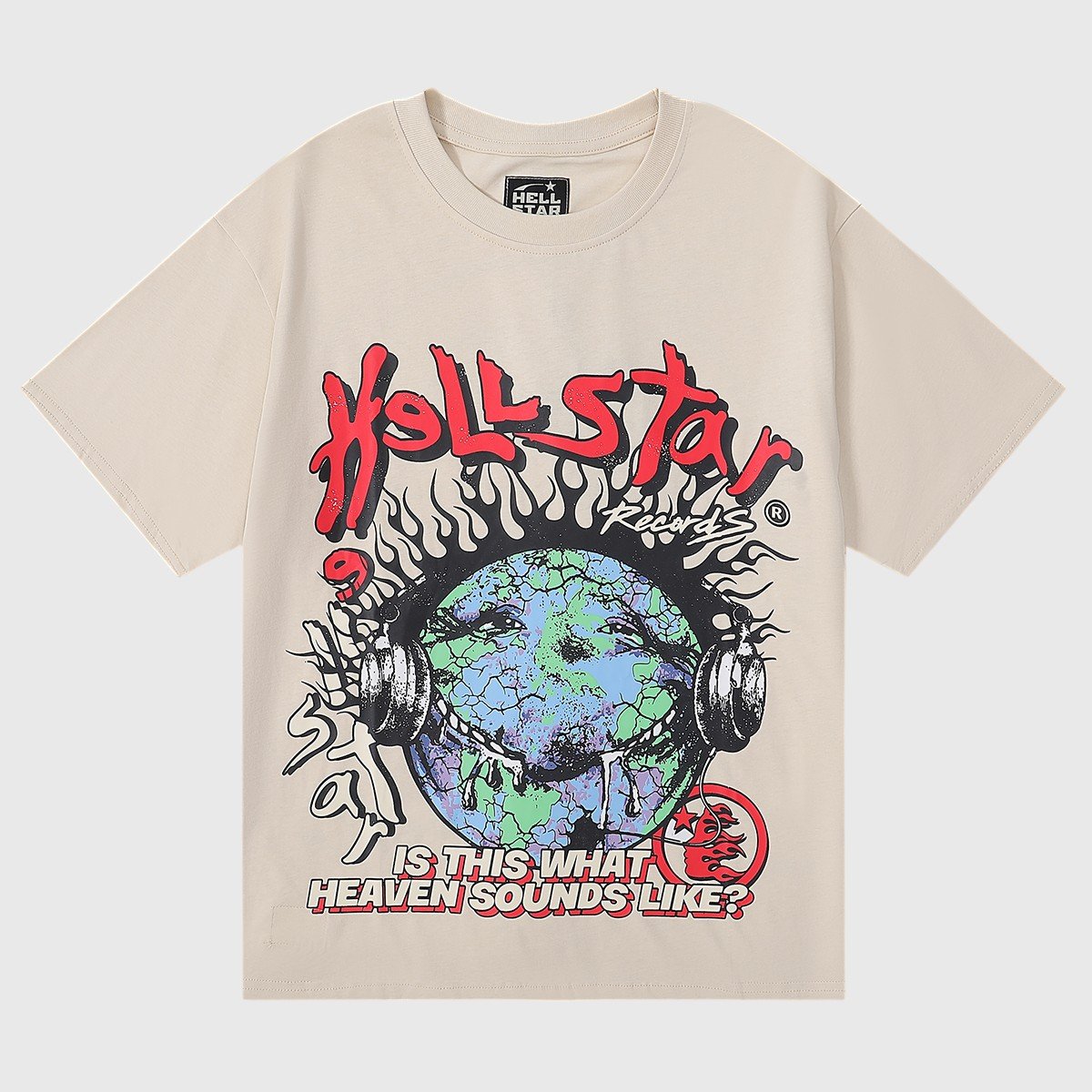 hellstar-studios-heaven-on-earth-t-shirt-beige-front-graphic.jpg Hellstar Studios Heaven on Earth T-Shirt Beige - Image 1